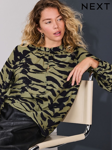 Khaki Green Animal Print Long Sleeve V-Neck Blouse (H60519) | £27