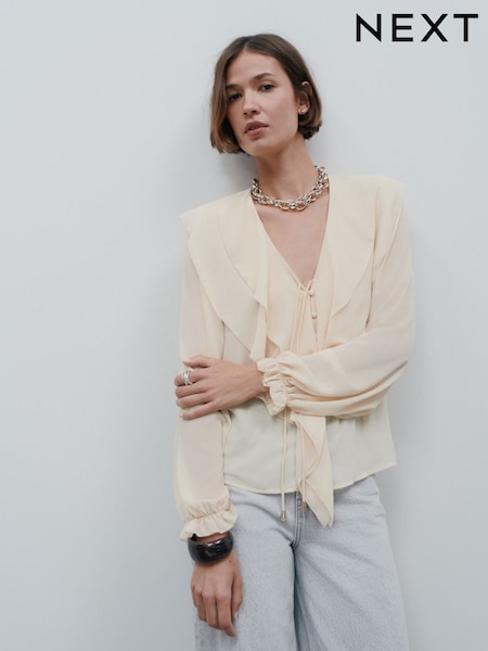 Ecru V-Neck Ruffle Front Long Sleeve Blouse (H60524) | £38