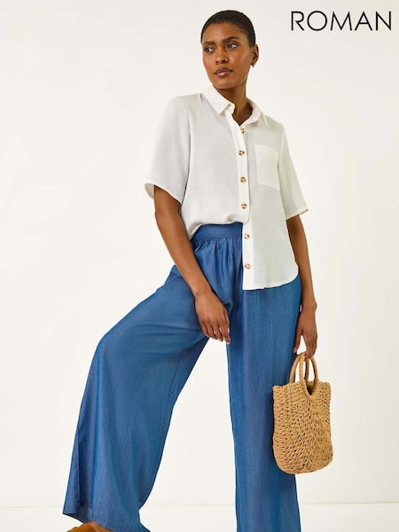 Roman Blue Pleated Full Length Wide Leg Trousers (H60588) | £40