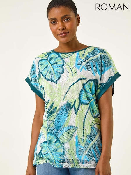 Roman Blue Leaf Print Lace Jersey T-Shirt (H60596) | £32