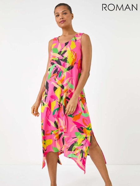 Roman Pink Floral Print Hanky Hem Midi Dress (H60600) | £42