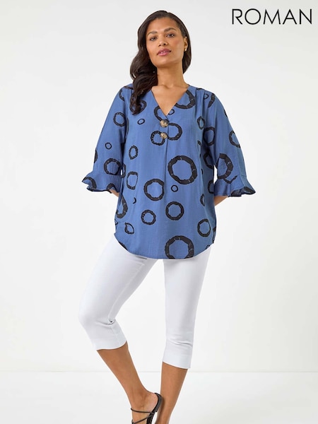 Roman Blue Circle Print V-Neck Button Tunic Top (H60607) | £36