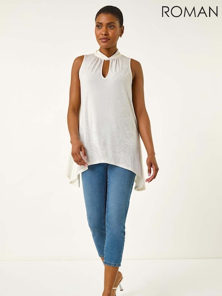 Roman White Foil Rose Twist Neck Blouse (H60621) | £36