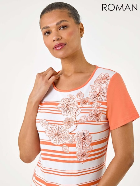 Roman Orange Stripe Floral Print Hotfix T-Shirt (H60626) | £32
