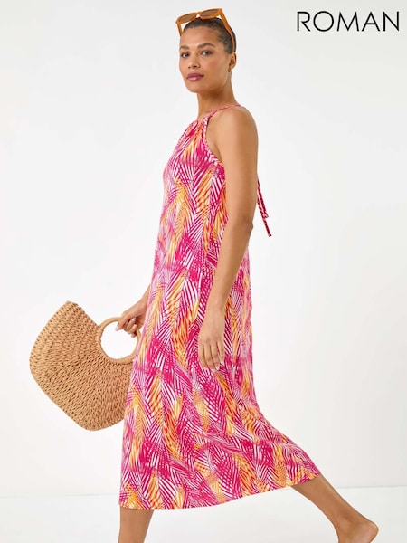 Roman Pink Gathered Palm Print Swing Stretch Dress (H60632) | £45