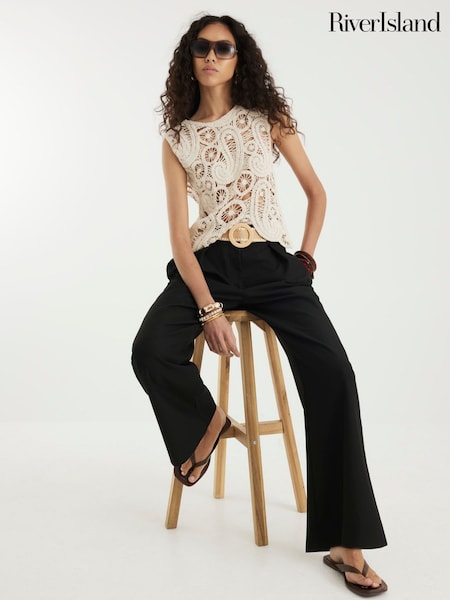 River Island Black Belted Wide Leg Trousers (H60697) | £49