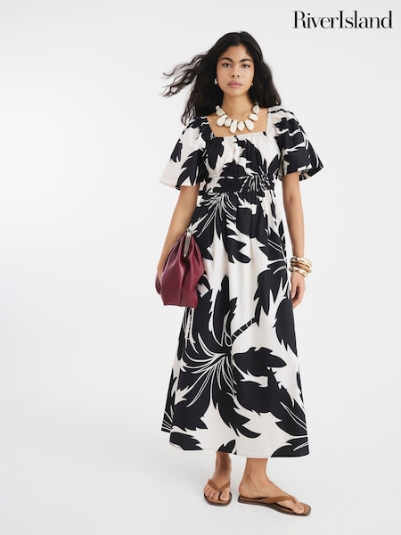 River Island Black Shirred Printed Midi Dress (H60703) | £51
