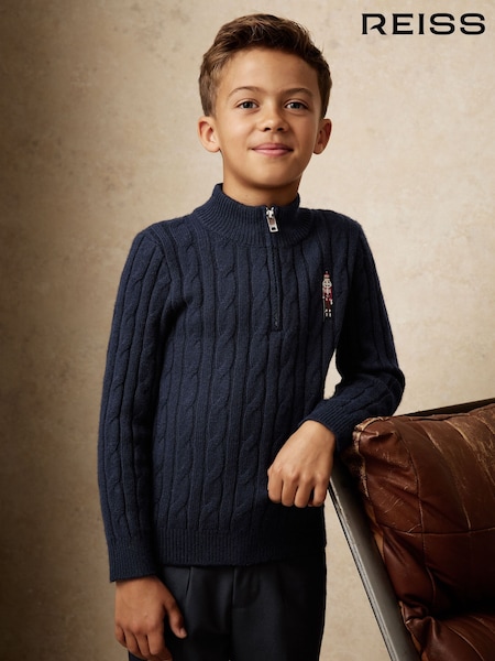 Reiss Navy Blue Nollaig Wool-Blend Half-Zip Nutcracker Jumper (H60855) | £44