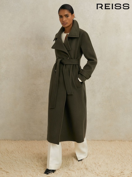 Reiss Khaki Scarlett Atelier Wool Belted Blindseam Coat (H60867) | £495