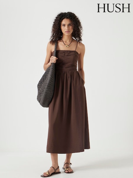 Hush Brown Air Flow Thin Strap Gathered Midi Dress (H60964) | £120