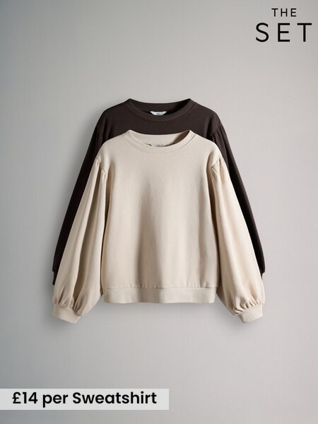 The Set Chocolate Brown/Cream 2 Pack Relaxed Crew Neck Puff Sleeve Sweatshirts (H61013) | £28