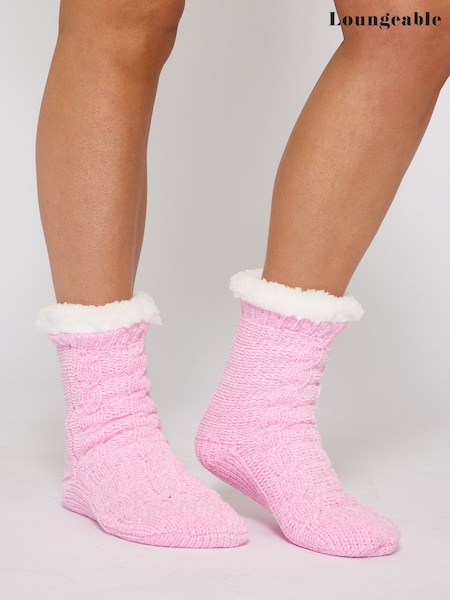 Loungeable Pink Cable Knit Chenille Socks (H61047) | £12