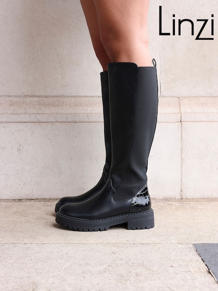 Linzi Black Swift PU And Croc Mix High Leg Boots (H61057) | £58