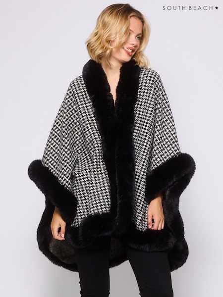 South Beach Monochrome Houndstooth Faux Fur Trim Shawl (H61257) | £55