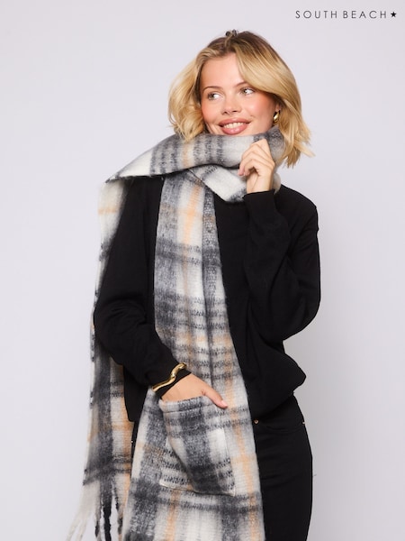 South Beach Natural Fluffy Check Scarf with Pocket (H61263) | £20