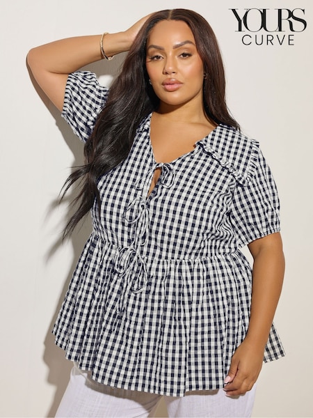 Yours Curve Blue Gingham Collar Blouse (H61671) | £34