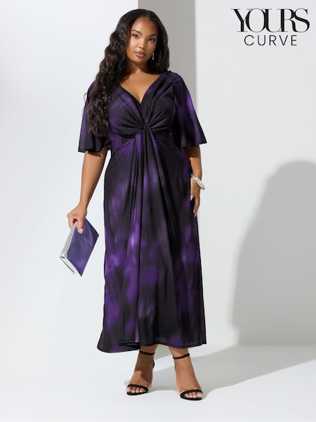 Yours Curve Purple London Knot Front Angel Sleeve Dress (H61685) | £63