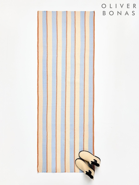 Oliver Bonas Blue/Orange Stripe Woven Runner Rug (H61762) | £75