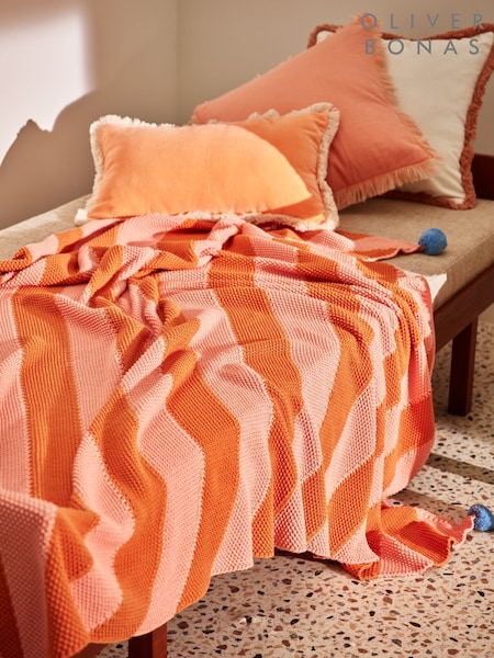 Oliver Bonas Pink/Orange Stripe Knitted Cotton Throw (H61772) | £40