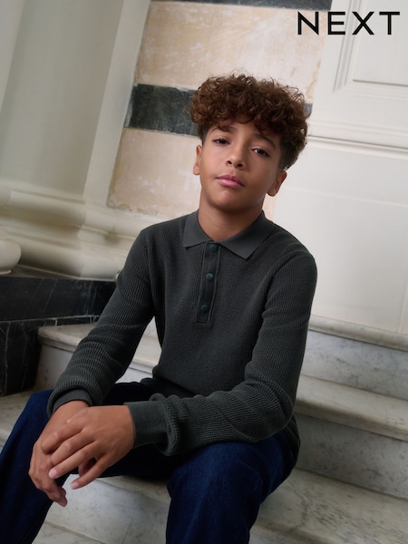Dark Green Long Sleeve Textured Polo Shirt (3-16yrs) (H61843) | £16 - £21