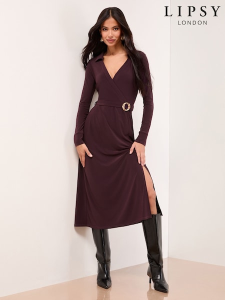 Lipsy Berry Red Animal Print Wrap Collared Jersey Midi Shirt Dress (H61987) | £58