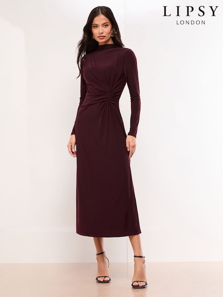 Lipsy Burgundy Red Long Sleeve Jersey Knot side Midi Dress (H62005) | £50