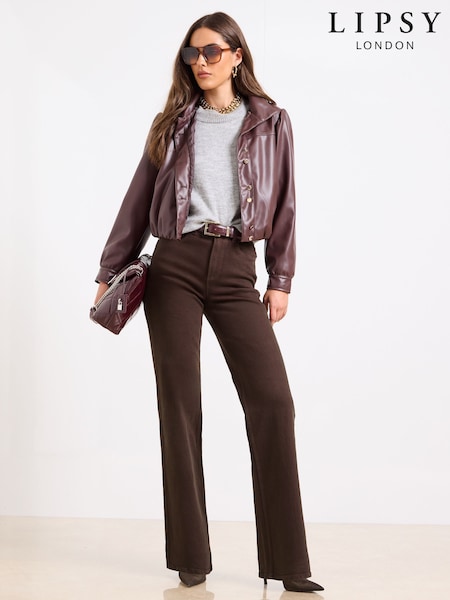 Lipsy Chocolate Brown Petite Mid Rise Wide Leg Jeans (H62247) | £50