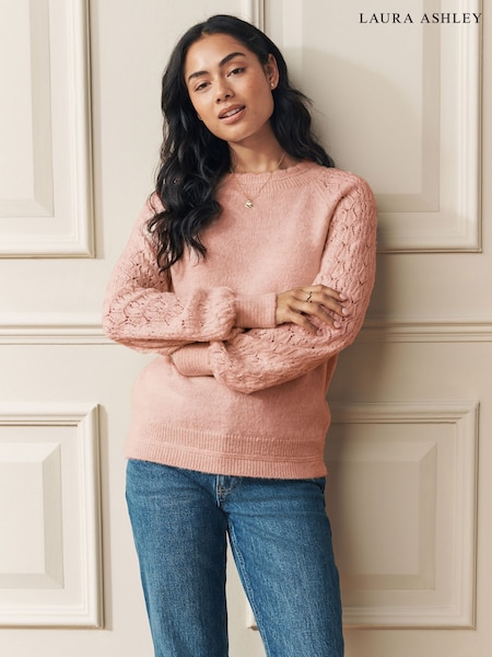 Laura Ashley Rose Pink Pointelle Scallop Edge Crew Neck Knit Jumper (H62249) | £39
