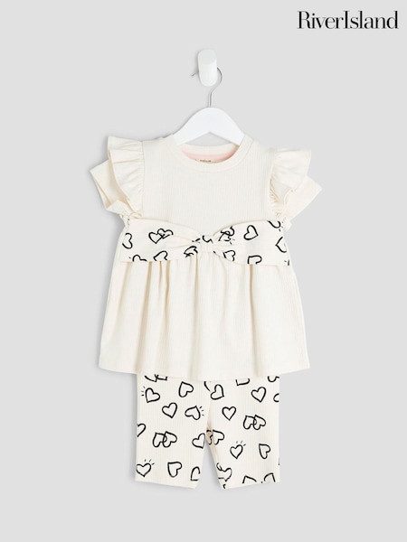 River Island Cream Girls Heart Bow Rib Top Set (H62274) | £15