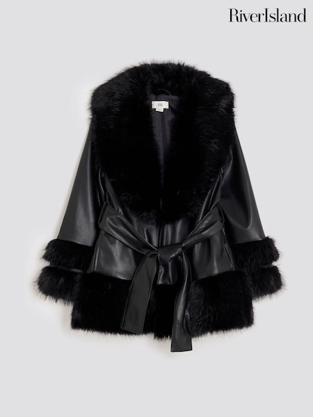 River Island Black Faux Leather Fur Wrap Coat (H62279) | £49