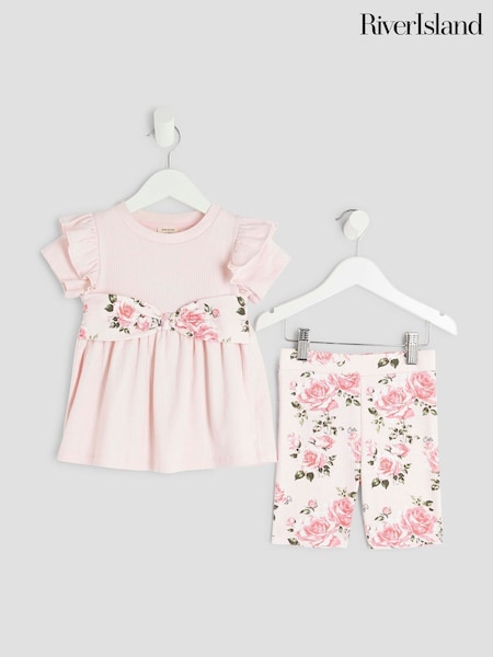 River Island Pink Girls Floral Print Bow Rib Top Set (H62289) | £15