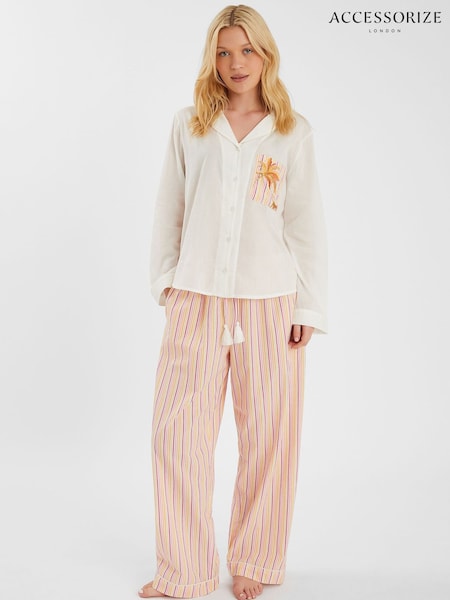 Accessorize Pink Embroidered Stripe Long Pyjamas Set (H62416) | £45
