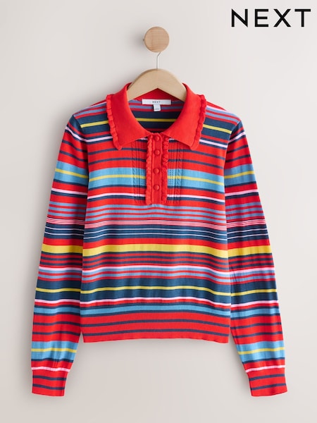 Red Multi Stripe Soft Touch Cotton Rich Frill Polo Top (H62641) | £26