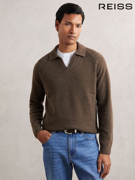 Reiss Pecan Brown Banbury Wool-Cashmere Open-Collar Jumper (H62757) | £128