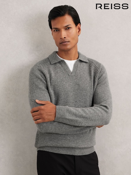 Reiss Mid Grey Melange Banbury Wool-Cashmere Open-Collar Jumper (H62758) | £128