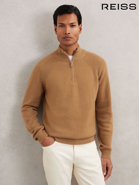 Reiss Camel Charming Wool And Cashmere Half-Zip Jumper (H62766) | £138