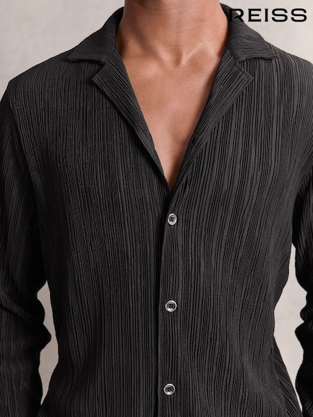 Reiss Black Aubry Plissé Cuban-Collar Long-Sleeve Shirt (H62769) | £110