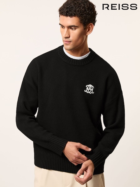 Reiss Black Archibald Monogram Embroidered Wool Jumper (H62770) | £138