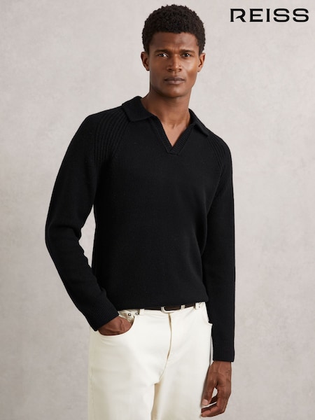 Reiss Black Banbury Wool-Cashmere Open-Collar Jumper (H62782) | £128