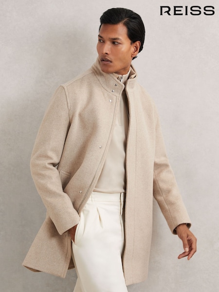 Reiss Oatmeal Brown Fuel Wool-Blend Gilet-Insert Coat (H62785) | £350