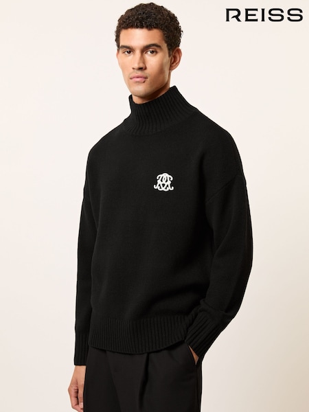 Reiss Black Curtis Monogram Wool Funnel-Neck Jumper (H62793) | £148