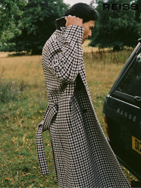 Reiss Brown Multi Solesto Wool Dogtooth Double-Breasted Overcoat (H62796) | £450