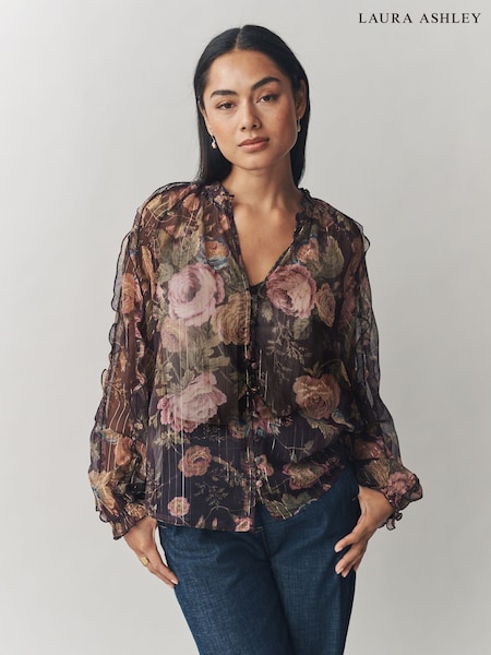 Black Uffington Print Chiffon Ruffle Blouse with Lurex (H62812) | £36