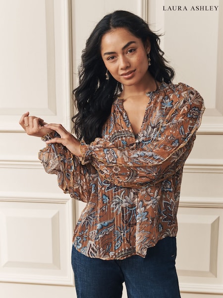 Laura Ashley Ochre Yellow Paisley Print Chiffon Ruffle Blouse with Lurex (H62818) | £36
