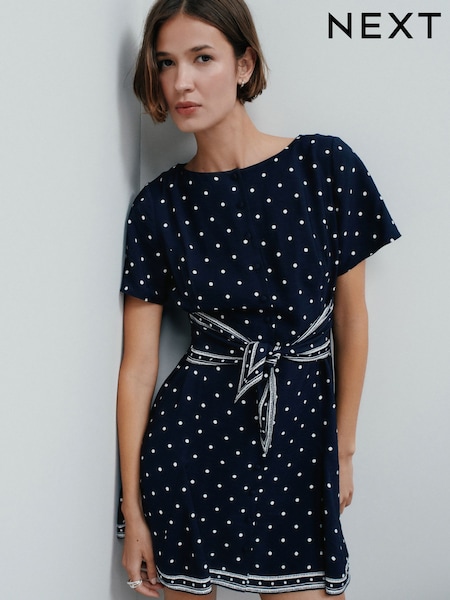 Navy Blue Spot Tie Waist Mini Dress (H62995) | £35