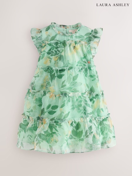Laura Ashley Green Elowen Peony Frill Tiered Organza Dress (H63002) | £38 - £44