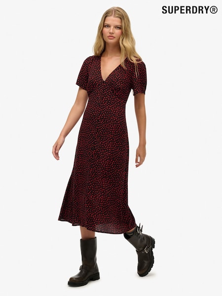 Superdry Red Printed Button Up Short Sleeve Midi Tea Dress (H63018) | £50