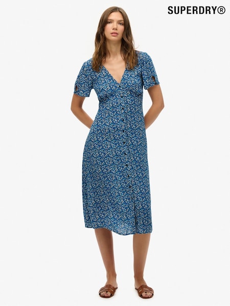 Superdry Blue Printed Button Up Short Sleeve Midi Tea Dress (H63019) | £50
