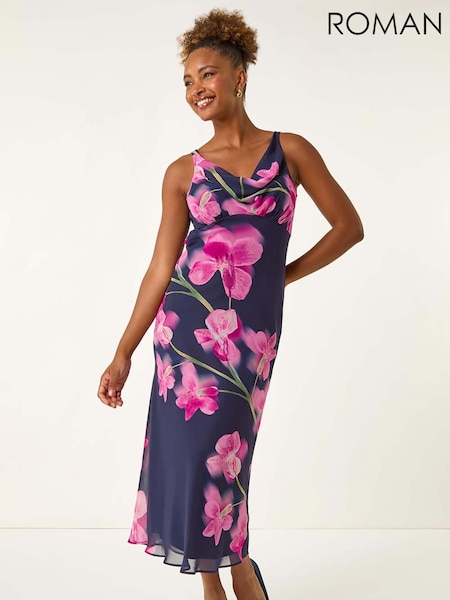 Roman Blue Floral Print Cowl Neck Midi Dress (H63067) | £68