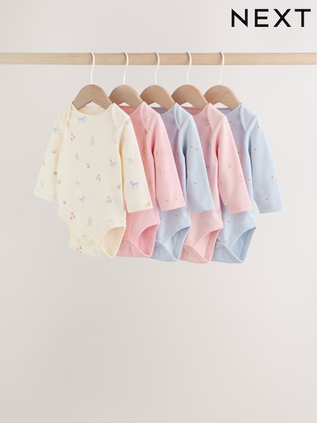 Multi Pastel Character 5 Pack Long Sleeve Baby Bodysuits (H63232) | £18 - £20